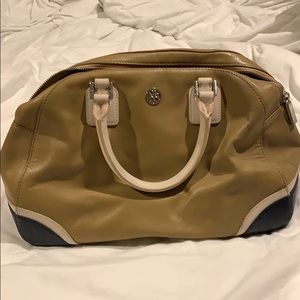 Tan and navy Tory Burch bowler bag